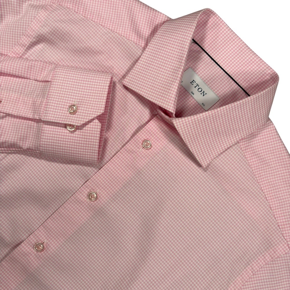 ETON Slim Fit Dress Shirt Mens 15.75 Pink White Gingham Cotton Blend Stretch NWT